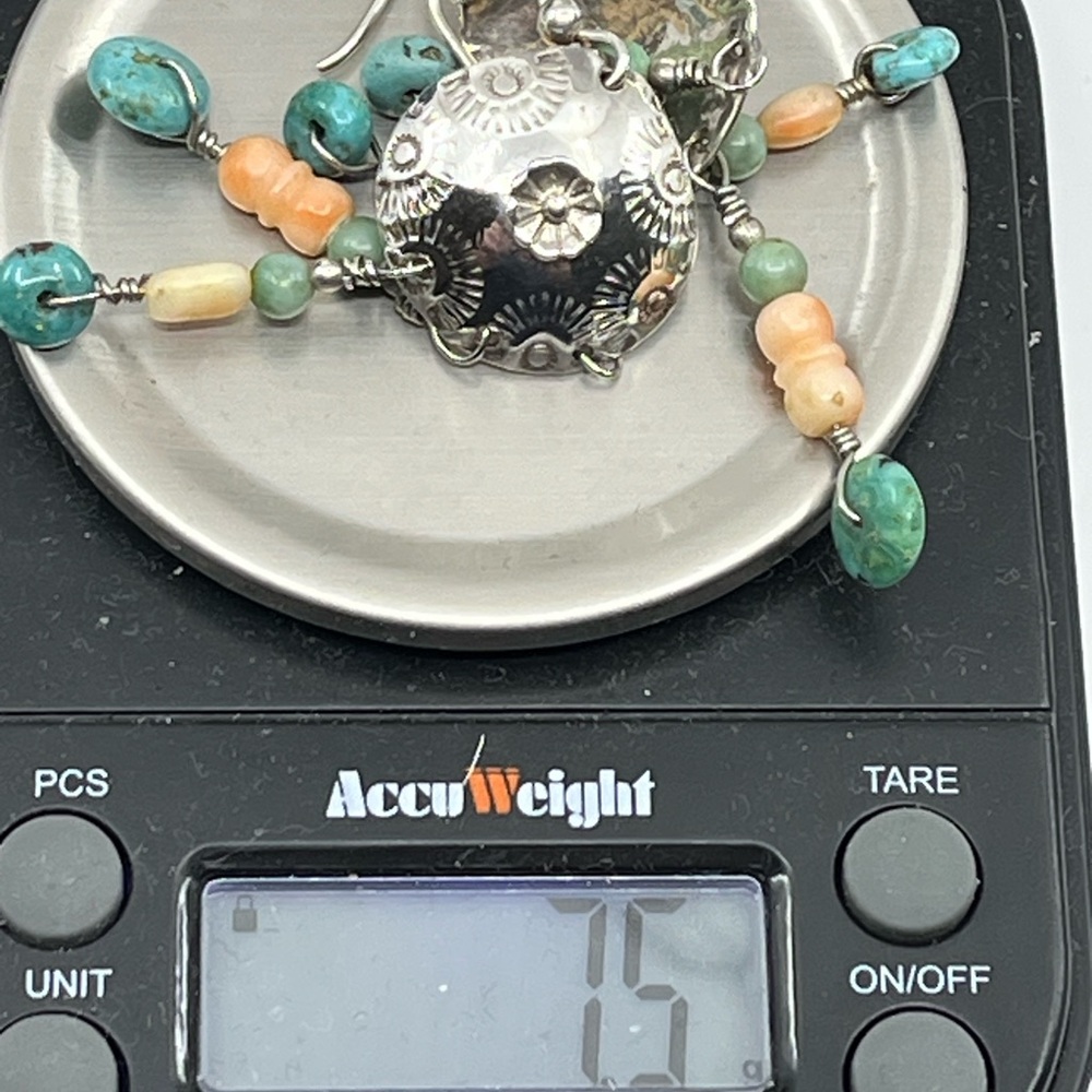 90's Handmade Sterling Silver Shell & Floral Dangle Earrings with Turquoise - Picture 15 of 15